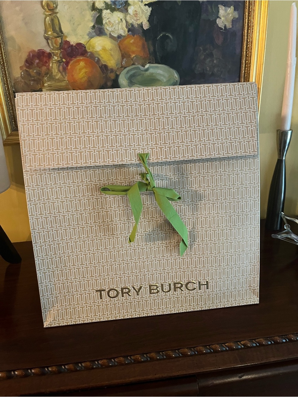 Tory Burch Tan/Cream Gift Bag with Green Ribbon - Home Party Supplies